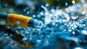 A photograph of a close-up shot of a waterproof cable in a dynamic outdoor setting
