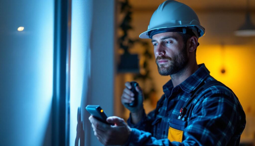 A photograph of a lighting contractor in action