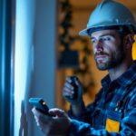 A photograph of a lighting contractor in action