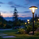 A photograph of a beautifully illuminated outdoor space featuring large solar landscape lights