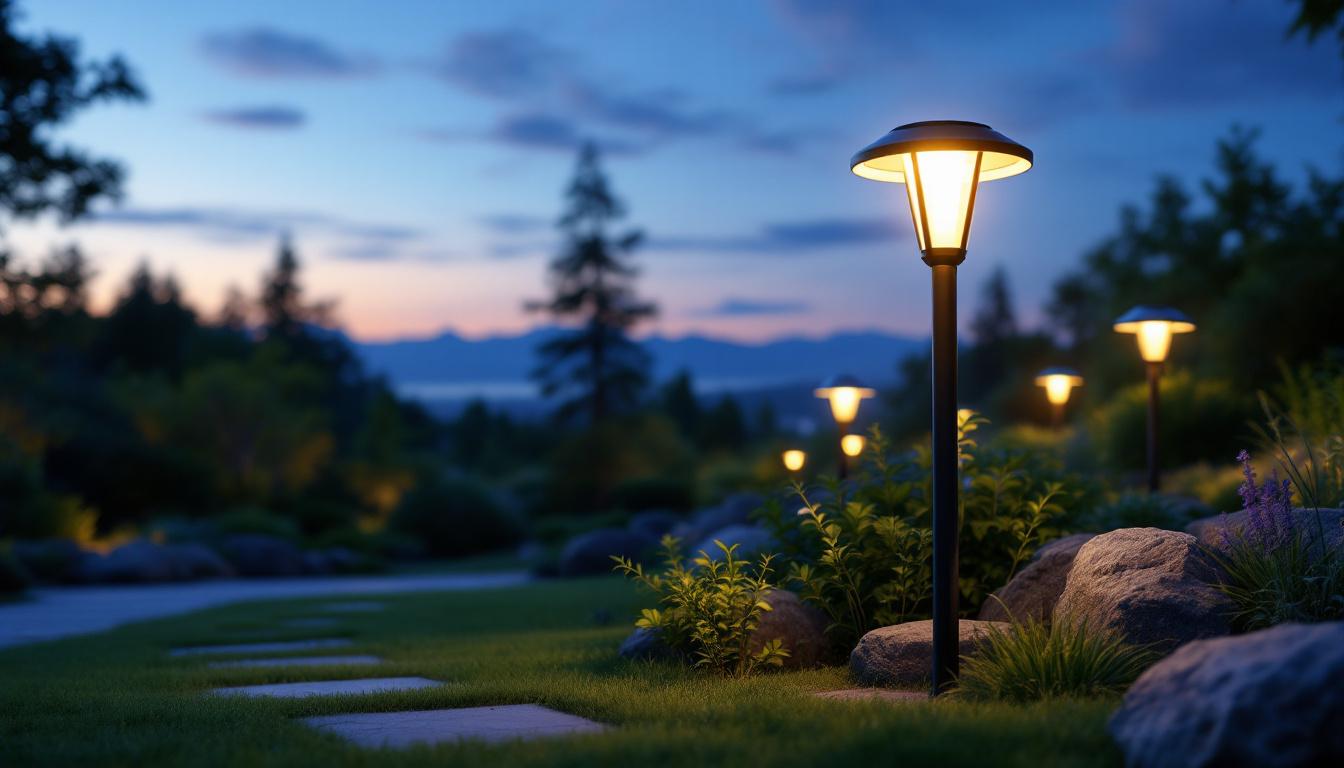 A photograph of a beautifully illuminated outdoor space featuring large solar landscape lights