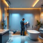 A photograph of a beautifully designed bathroom featuring modern recessed lighting that highlights the space