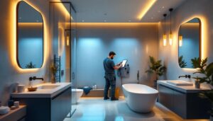 A photograph of a beautifully designed bathroom featuring modern recessed lighting that highlights the space