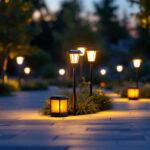 A photograph of a beautifully illuminated outdoor space featuring various solar lighting fixtures in use