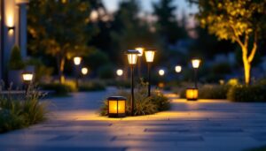 A photograph of a beautifully illuminated outdoor space featuring various solar lighting fixtures in use