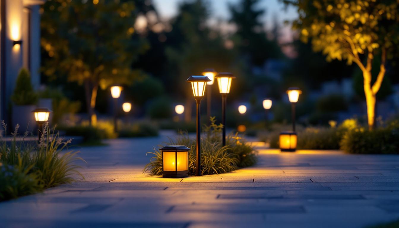 A photograph of a beautifully illuminated outdoor space featuring various solar lighting fixtures in use