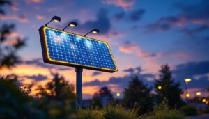 A photograph of a well-lit commercial solar sign illuminated at dusk