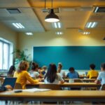 A photograph of a well-lit classroom featuring energy-efficient led lighting