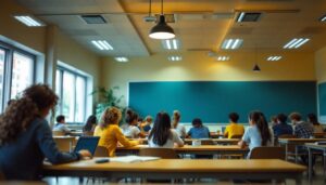 A photograph of a well-lit classroom featuring energy-efficient led lighting