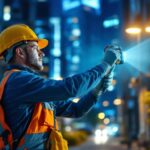 A photograph of a skilled lighting contractor expertly installing commercial outdoor lighting fixtures in a beautifully illuminated urban setting