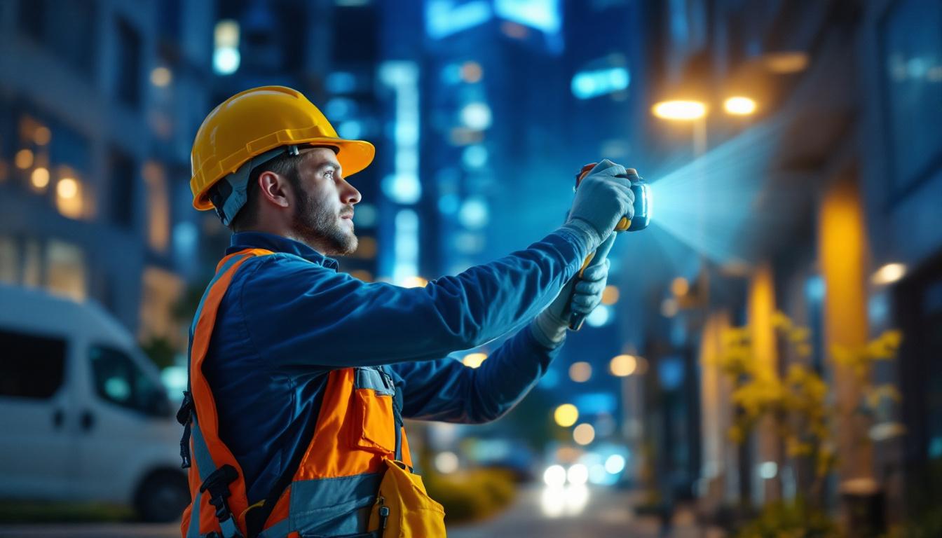 A photograph of a skilled lighting contractor expertly installing commercial outdoor lighting fixtures in a beautifully illuminated urban setting