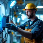 A photograph of a lighting contractor efficiently installing a commercial timer in a well-lit environment