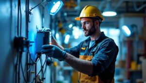 A photograph of a lighting contractor efficiently installing a commercial timer in a well-lit environment