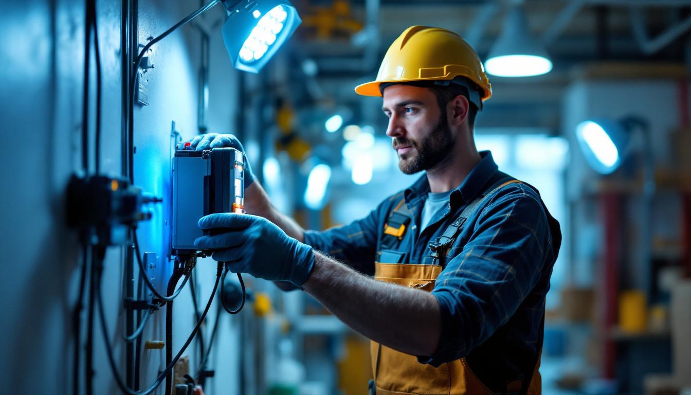 A photograph of a lighting contractor efficiently installing a commercial timer in a well-lit environment