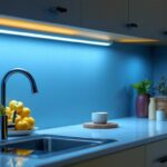 A photograph of a well-lit kitchen featuring a sleek 12-inch under cabinet light illuminating the countertop