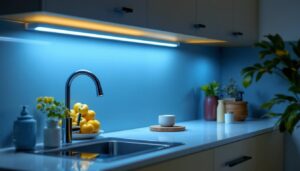 A photograph of a well-lit kitchen featuring a sleek 12-inch under cabinet light illuminating the countertop