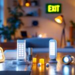 A photograph of a well-lit home interior featuring various emergency lighting solutions