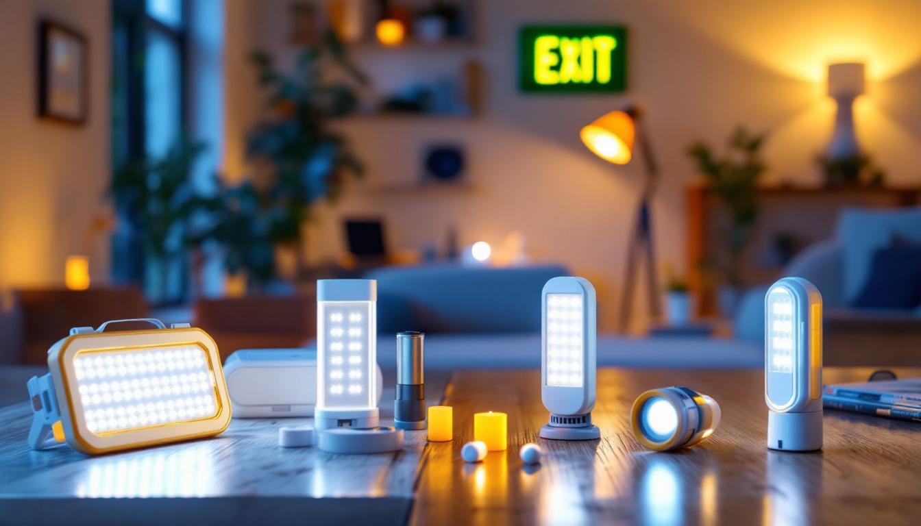 A photograph of a well-lit home interior featuring various emergency lighting solutions
