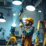 A photograph of a lighting contractor expertly balancing various lamp weights on a job site