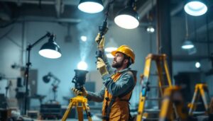 A photograph of a lighting contractor expertly balancing various lamp weights on a job site