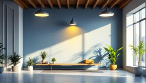 A photograph of a modern indoor space featuring solar-powered lighting solutions