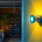A photograph of a well-lit garage interior featuring a modern light sensor in action
