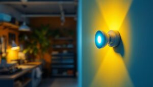 A photograph of a well-lit garage interior featuring a modern light sensor in action