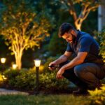 A photograph of a professional lighting contractor installing or adjusting 120v led landscape lights in a beautifully illuminated outdoor setting