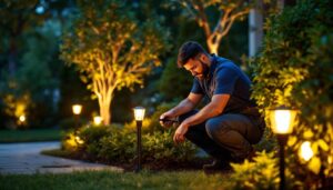 A photograph of a professional lighting contractor installing or adjusting 120v led landscape lights in a beautifully illuminated outdoor setting