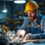A photograph of a lighting contractor examining various lightbulb bases in a well-lit workshop