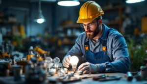 A photograph of a lighting contractor examining various lightbulb bases in a well-lit workshop