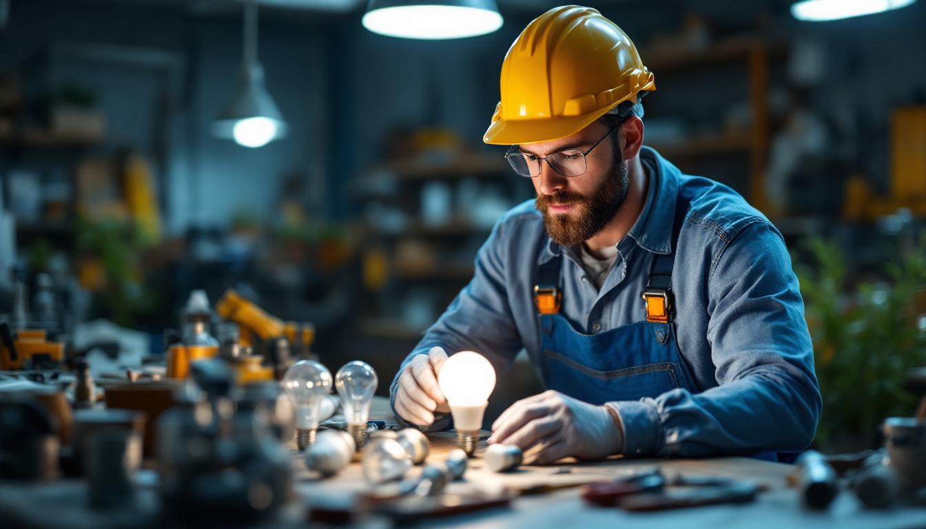 A photograph of a lighting contractor examining various lightbulb bases in a well-lit workshop