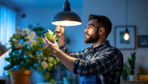 A photograph of a skilled lighting contractor installing or adjusting a modern light fixture in a stylish home setting