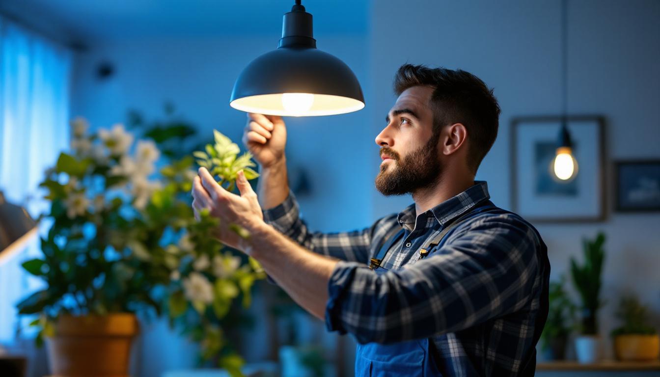 A photograph of a skilled lighting contractor installing or adjusting a modern light fixture in a stylish home setting