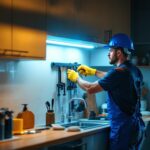 A photograph of a well-lit workspace featuring a lighting contractor installing small cabinet lights in a modern kitchen