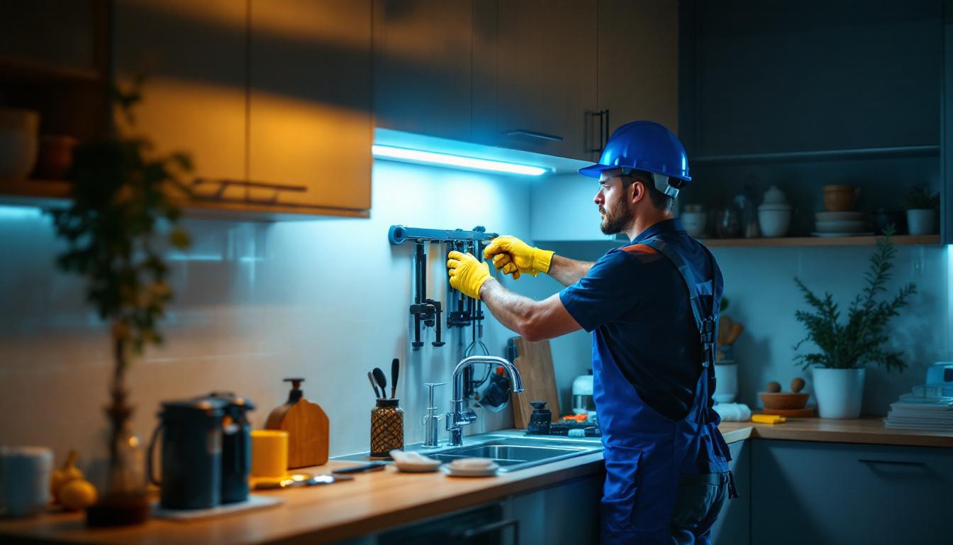 A photograph of a well-lit workspace featuring a lighting contractor installing small cabinet lights in a modern kitchen