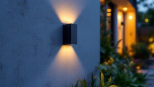 A photograph of a beautifully designed outdoor led sconce light installed on a modern exterior wall