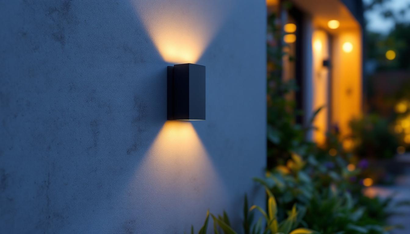A photograph of a beautifully designed outdoor led sconce light installed on a modern exterior wall