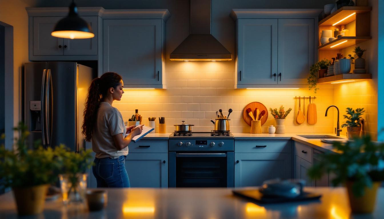 A photograph of a well-designed kitchen featuring various types of under cabinet lighting
