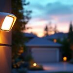 A photograph of a security light with an integrated alarm system installed in a residential setting