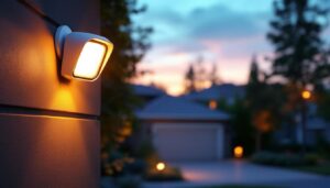 A photograph of a security light with an integrated alarm system installed in a residential setting