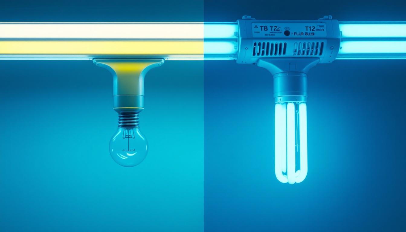 A photograph of a side-by-side comparison of t8 and t12 fluorescent bulbs installed in a lighting fixture