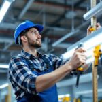 A photograph of a lighting contractor expertly measuring and installing t8 fluorescent bulbs in a commercial setting
