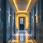 A photograph of a beautifully designed upstairs hallway featuring modern lighting fixtures that highlight current trends
