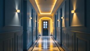 A photograph of a beautifully designed upstairs hallway featuring modern lighting fixtures that highlight current trends