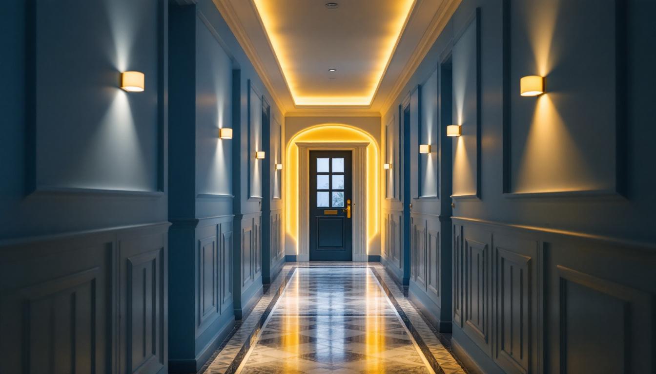 A photograph of a beautifully designed upstairs hallway featuring modern lighting fixtures that highlight current trends