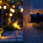 A photograph of a well-lit outdoor space featuring a close-up of a stylish light bulb socket outlet in use