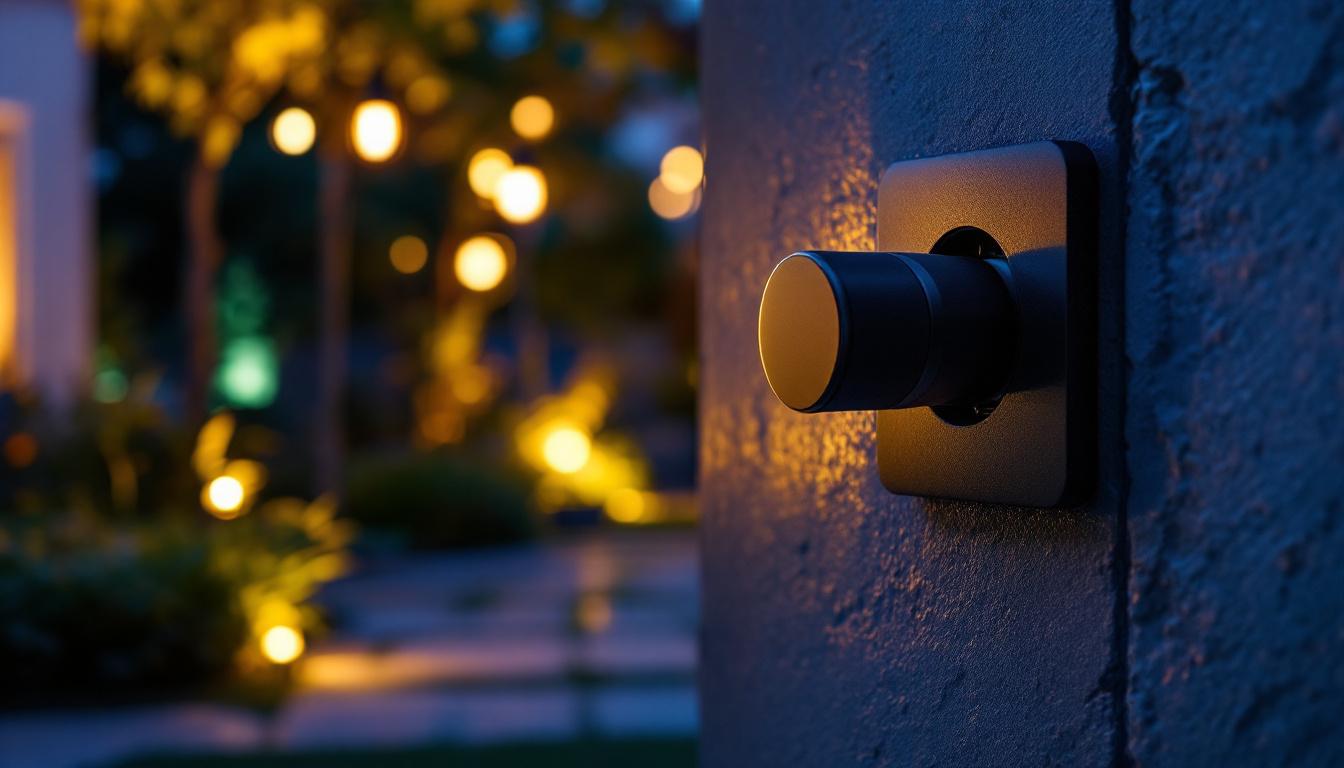 A photograph of a well-lit outdoor space featuring a close-up of a stylish light bulb socket outlet in use