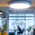 A photograph of a ceiling mount light motion sensor installed in a modern workspace
