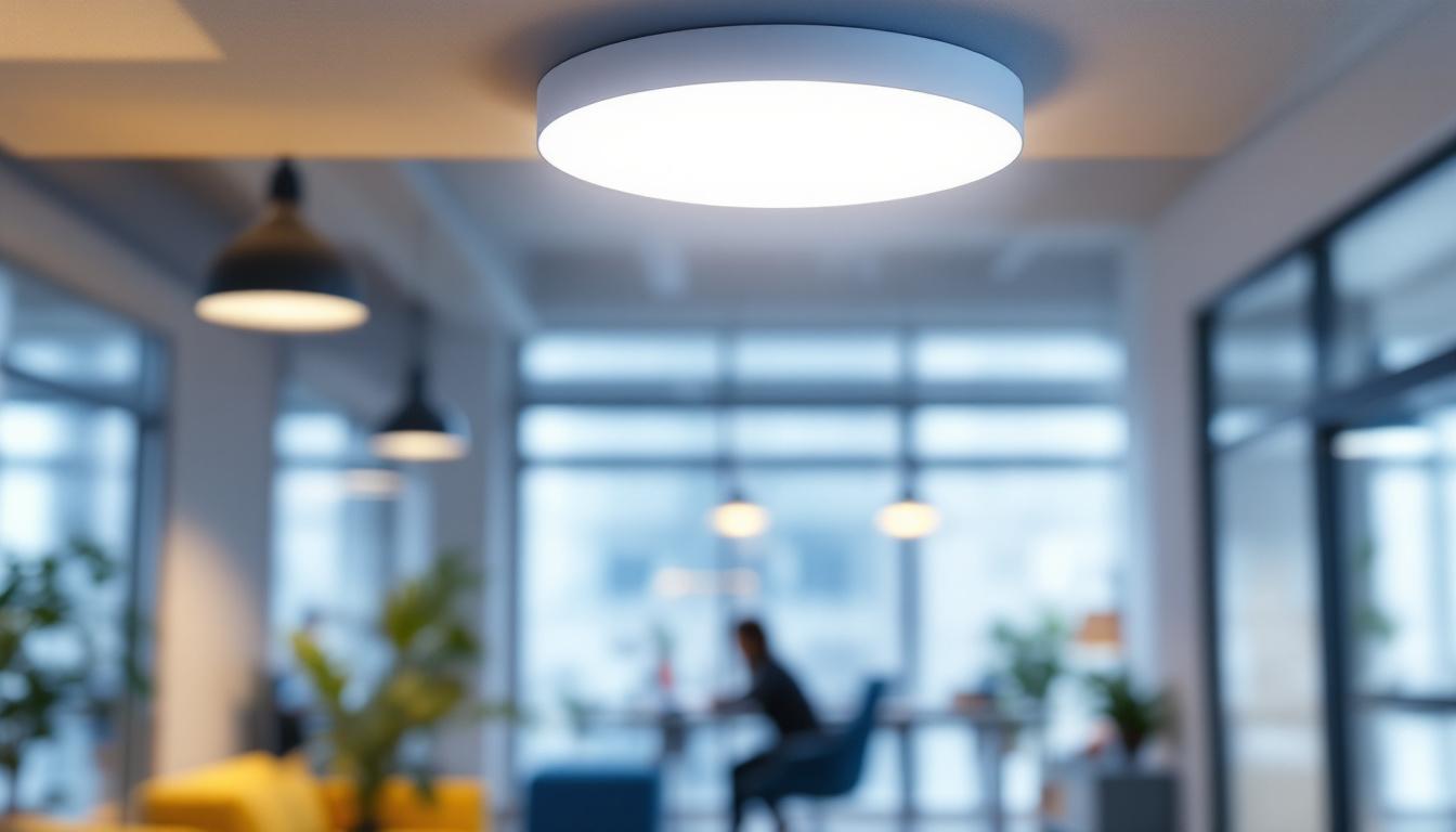 A photograph of a ceiling mount light motion sensor installed in a modern workspace